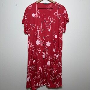 Chalet Et Ceci Women Tunic Dress Medium Red Floral Chore Pockets Lagenlook